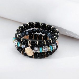 Beaded Bracelet Set of 4 with Gold Scallop Pendant Black